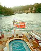 ITALY, Europe, elevated view from the back of a cruise ship leaving Portofino