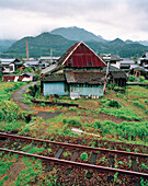 JAPAN, Kyushu, railroad track and the rural town of Arita