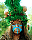 MEXICO, Maya Riviera, Mayan Indian man in ceremonial costume, Yucatan Peninsula