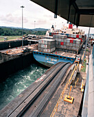 PANAMA, Panama Canal, Panama Canal Locks, a container ship called La Seine passes through the Gatun Locks from the Atlantic to the Pacific, Central America