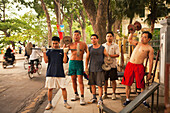 VIETNAM, Hanoi, men lifting weights and exercising early in the morning, Hoan Kiem Lake