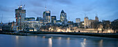 View across the river Themse towards the Swiss RE tower and Tower of London at night, City of London, England, United Kingdom, Europe