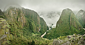 View from Machu Picchu towards the Urubamba river valley, Cusco, Cuzco, Peru, Andes, South America