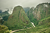 View from Machu Picchu to the Urubamba river valley, Cusco, Cuzco, Peru, Andes, South America