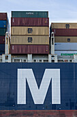Teilausschnitt eines Containerschiffes im Hamburger Hafen, Burchardkai, Hamburg, Deutschland