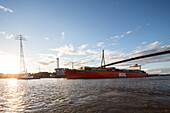 Schiff fährt unter der Köhlbrandbrücke hindurch, Hamburg, Deutschland