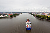 View from the Koehlbrand bridge with container ship, Hamburg, Germany