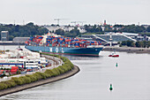 Containership turning into the Koehlbrand, Hamburg, Germany