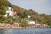 Beach cafes and restaurants Strandperle and Ahoi on the banks of the Elbe, Hamburg, Germany