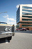 New office buildings and oldtimer event in front of Hafenbahnhof, corner of Elbstrasse and Kaistrasse, Altona, Hamburg, Germany