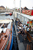 Party barge Frau Hedi landing at Landungsbruecken pier, harbour cruise, Hamburg, Germany