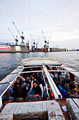 Party barge Frau Hedi, DJs putting on records during the harbour cruise, Hamburg, Germany