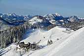 Spitzsteinhaus with view to Spitzing area, Kranzhorn and Wendelstein, Spitzstein, Chiemgau range, Tyrol, Austria