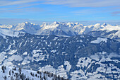 View towards the valley of Zillertal and Zillertal range, Sagtaler Spitzen, Kitzbuehel range, Tyrol, Austria