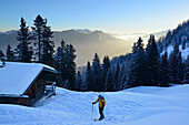 Frau auf Skitour steigt an Almhütte vorbei zu Blankenstein auf, Bayerische Alpen, Oberbayern, Bayern, Deutschland
