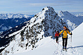 Two persons back-country skiing ascending to Kleiner Galtenberg, back-country skiing, Kleiner Galtenberg, Kitzbuehel range, Tyrol, Austria