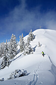 Frau auf Skitour steigt zu Trainsjoch auf, Mangfallgebirge, Bayerische Alpen, Oberbayern, Bayern, Deutschland
