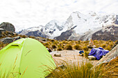 Tent in front of Huandoy massif, Paron Valley, Caraz, Huaraz, Ancash, Cordillera Blanca, Peru