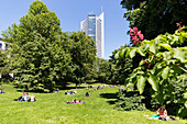Park near the Leipzig University, City-Hochhaus in background, Leipzig, Saxony, Germany