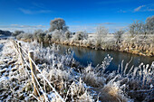 Hoare frost winter scene, river Welland, Glinton village, Cambridgeshire, England, Britain, UK