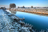 Hoare frost winter scene, river Welland, Peakirk village, Cambridgeshire, England, Britain, UK