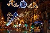 Street with Christmas lights, Urbieta street, San Sebastian, Donostia, Gipuzkoa, Basque Country, Spain