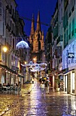 Rain, Christmas decoration, Sainte-Marie Cathedral, Bayonne, Aquitaine, Pyrénées-Atlantiques, Basque country, 64, France