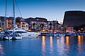 France, Corsica, Haute-Corse Department, La Balagne Region, Calvi, Port de Plaissance, yacht harbor, dawn