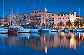 France, Corsica, Corse-du-Sud Department, Corsica South Coast Region, Propriano, town marina, dusk