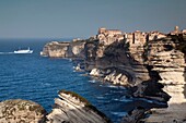 France, Corsica, Corse-du-Sud Department, Corsica South Coast Region, Bonifacio, Circuit des Falaises, cliff walk, elevated view of city and cliffs