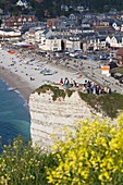 France, Normandy Region, Seine-Maritime Department, Etretat, elevated view of town beach