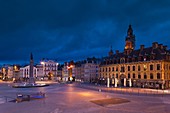 France, Nord-Pas de Calais Region, Nord Department, French Flanders Area, Lille, Grand Place-Place General de Gaulle, dusk