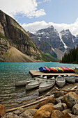 Canoes on a dock at Moraine Lake, Banff National Park, Alberta