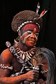 Africa, Gabon, Estuaire region, Tsango island, Bwiti ceremonies, the shaman Assossa in ceremony dress who says to be filled with the panther spirit, its auxiliary from which he is wearing the skin and teeths