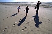 Mother And Her Children Walking Barefooted On The Beach Into The Sun, Le Touquet, France