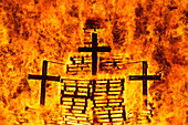 Detail Of Crosses On Large Bonfire On Beach, Hastings Bonfire Night, East Sussex, Uk