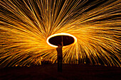 Man Spinning Ball Of Burning Steel Wool At Night, Petersfield, Hampshire, Uk