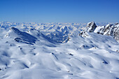 Snow-covered cirque with view to Central Alps, Birnhorn, Ebersbergkar, Leoganger Steinberge range, Salzburg, Austria