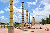 Anella Olimpica, forecourt Olympic stadium, with Torre de comunicacions de Montjuic, Torre Telefonica, Torre Calatrava, Montjuic, Barcelona, Catalonia, Spain