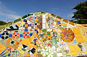 Mosaic serpent bench, Park Guell, architect Antoni Gaudi, UNESCO World Heritage Site Park Guell, Catalan modernista architecture, Art Nouveau, Barcelona, Catalonia, Spain