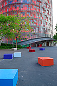 Cube seats in front of Torre Agbar, architect Jean Nouvel, Barcelona, Catalonia, Spain