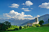 Burg Burgeis mit Ortlergruppe, Burgeis, Reschenpass, Vinschgau, Südtirol, Italien
