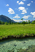 Nature reserve Weitmoos with river Ammer, Kienjoch in the background, Oberammergau, Ammergau range, Bavarian Alps, Upper Bavaria, Bavaria, Germany