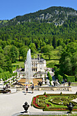 View from Venus temple to Linderhof castle with garden and fountain, Linderhof castle of King Ludwig II of Bavaria, Linderhof castle, rococo, Ammergau range, Bavarian Alps, Upper Bavaria, Bavaria, Germany