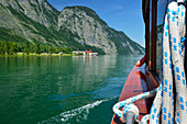 Boat crossing lake Koenigssee towards St. Bartholomae, St. Bartholomae, lake Koenigssee, Berchtesgaden range, National Park Berchtesgaden, Berchtesgaden, Upper Bavaria, Bavaria, Germany