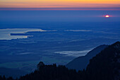 Sunrise over Chiemgau with view to lake Chiemsee, from Sulten, Sulten, Kampenwand, Chiemgau range, Chiemgau, Upper Bavaria, Bavaria, Germany
