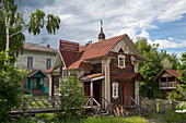 Pottery shop in a wooden building near the Kirillo-Belozersky Monastery near Goritsy, Sheksna river, Russia, Europe