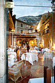 Reflection of a restaurant, Deia, Majorca, Spain