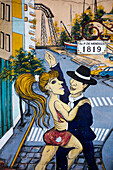 Wandgemälde mit Tangotänzern im Stadtviertel La Boca, Buenos Aires, Buenos Aires, Argentinien, Südamerika
