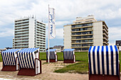 Ugly hotels and beach chairs, Norderney Island, Nationalpark, North Sea, East Frisian Islands, East Frisia, Lower Saxony, Germany, Europe